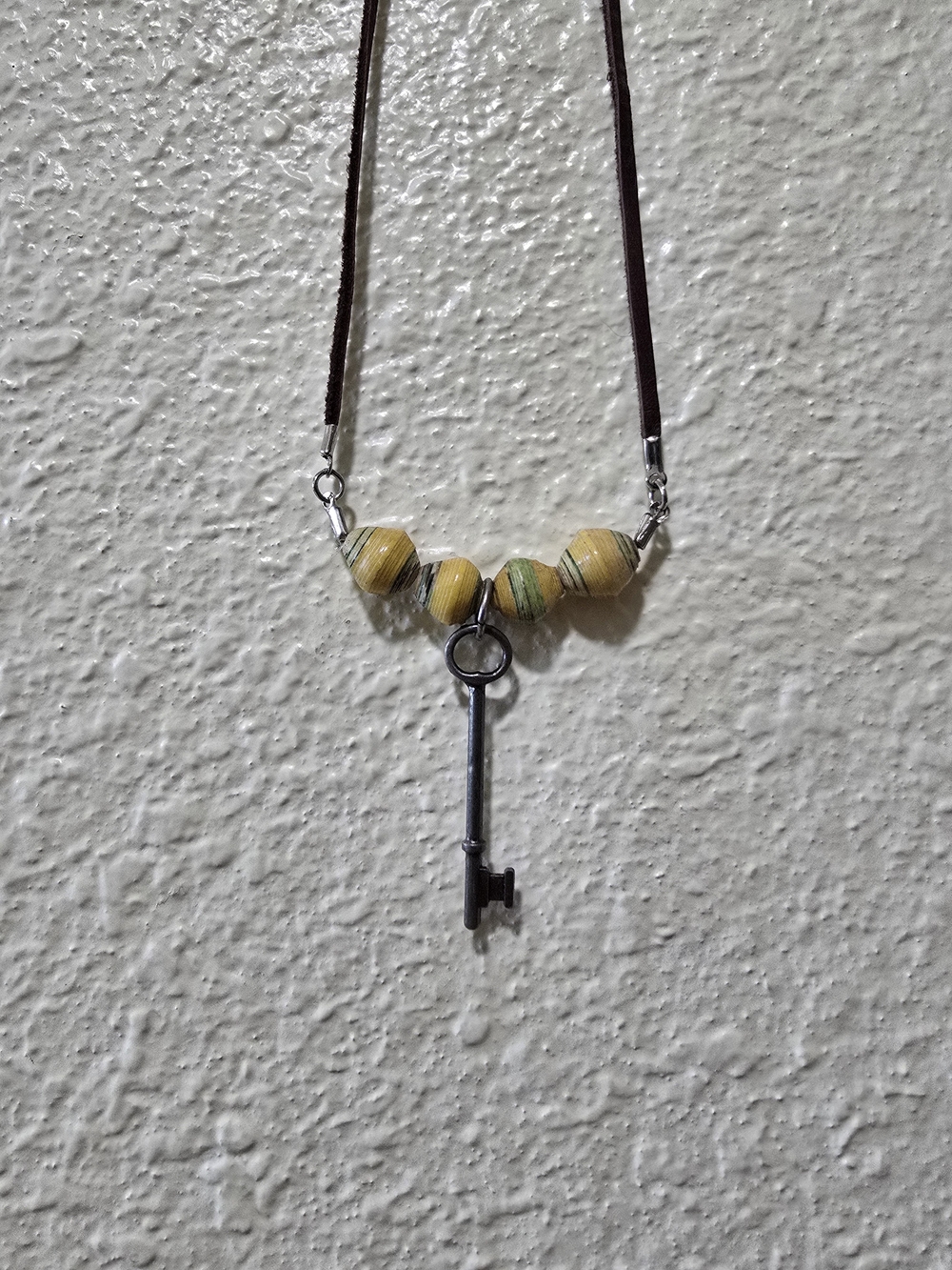 Yellow Bead Key Pendant Necklace On Leather Cord - Women Jewelry